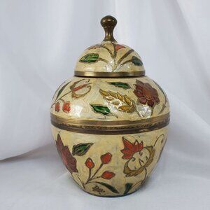 VTG Brass Cloisonné Enamel Lidded Ginger Jar Pot Urn Made in India 6 inches tall